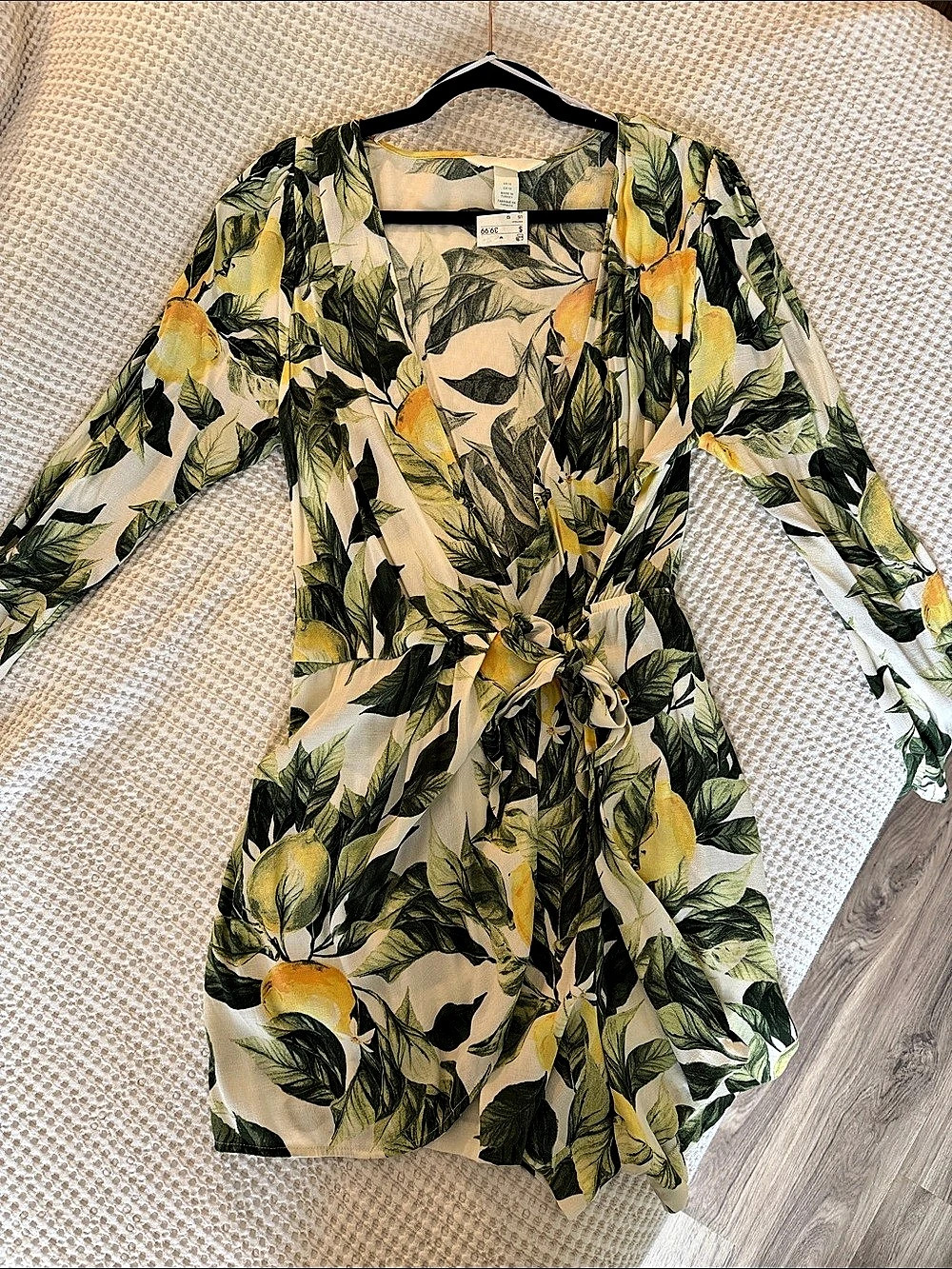 H&M Lemon Print Long Sleeve Wrap Romper Floral Mini Dress Green & Yellow
